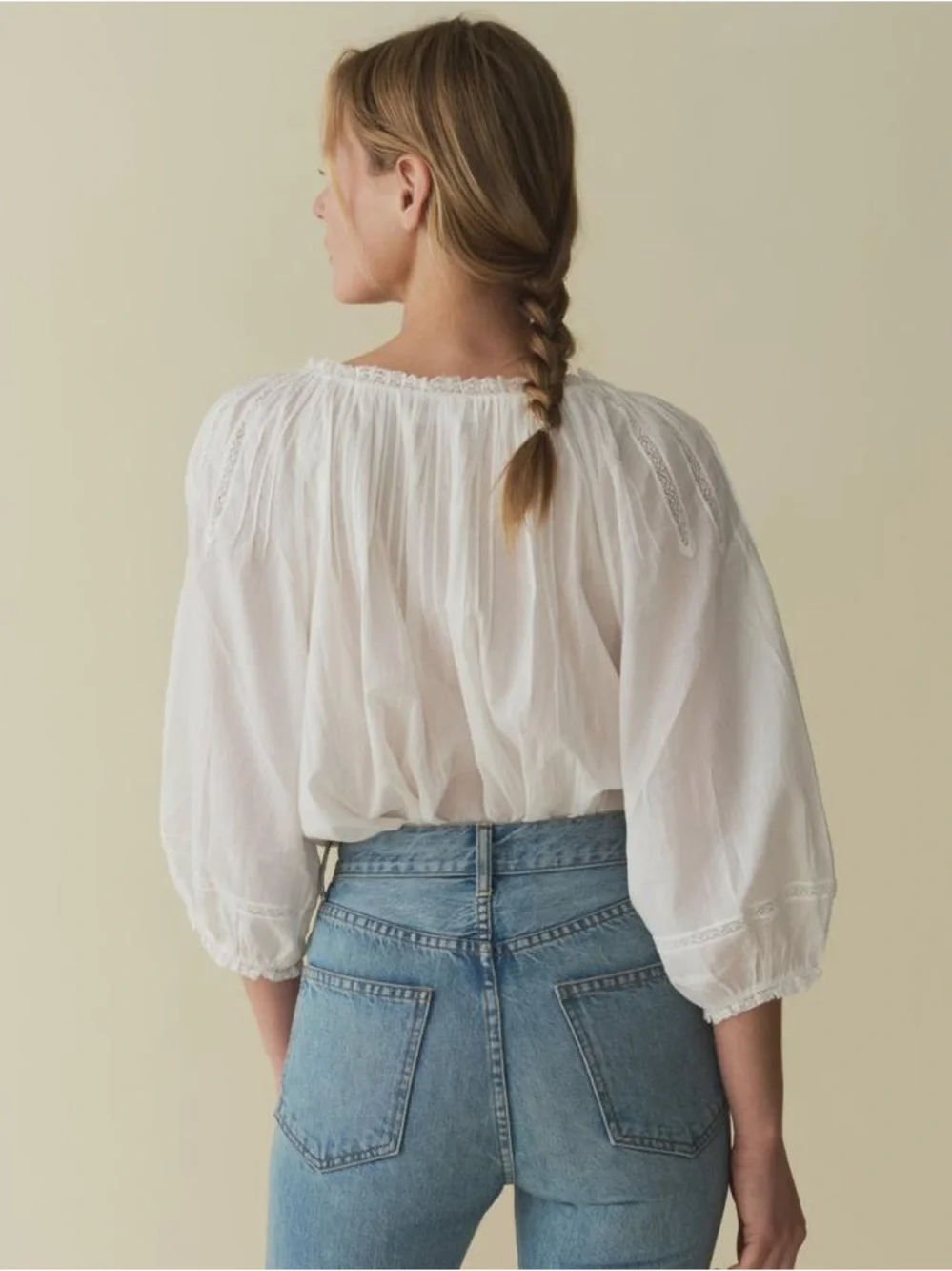 DOEN Abigail Top Women's White Lace-Trim Peasant Blouse - Picture 2 of 9